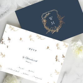 Classic Gold Navy Blue Monogram Wappen Hochzeit RSVP Karte