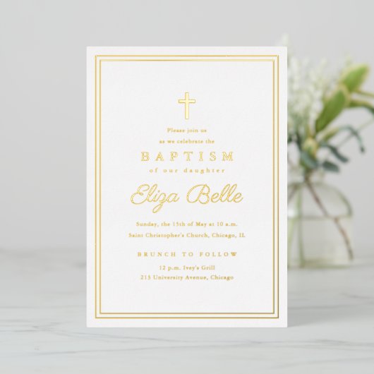 Classic Gold Religious Baptism & Christening Folieneinladung (Stehend vorne)