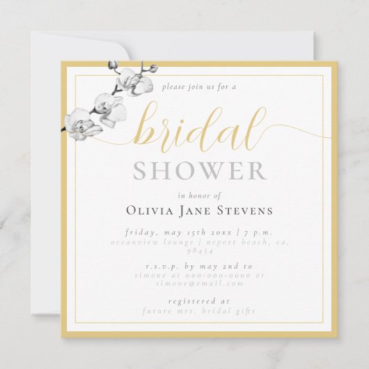 Classic Gold Script White Orchids Brautparty Einladung (Vorderseite)