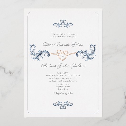 Classic Gold und Dusty Blue Wedding Folieneinladung (Vorderseite)