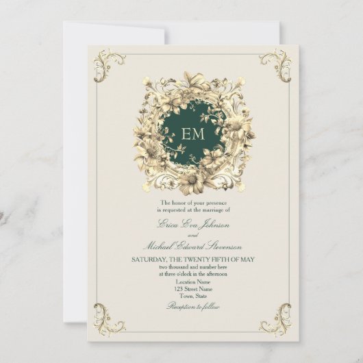Classic Gold und Emerald Green Wedding Einladung (Vorderseite)