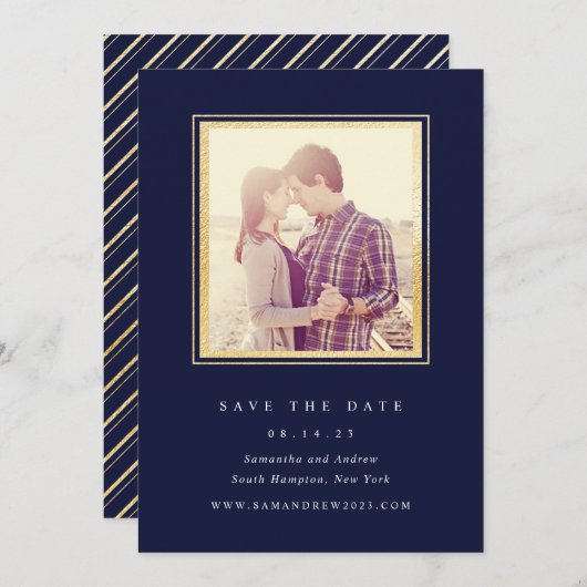 Classic Gold und Navy Foto Save the Date (Vorne/Hinten)