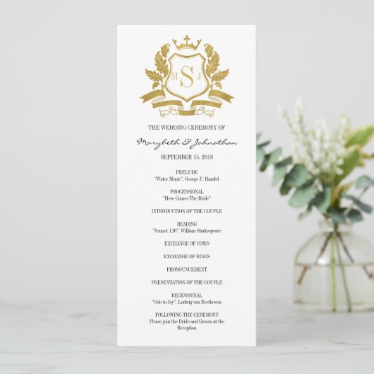 Classic Gold Wappen Wedding Program Programm (Stehend Vorderseite)