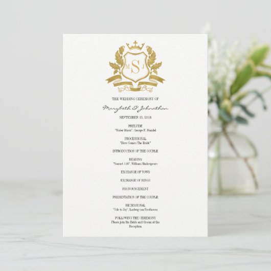 Classic Gold Wappen Wedding Program Programm (Stehend Vorderseite)