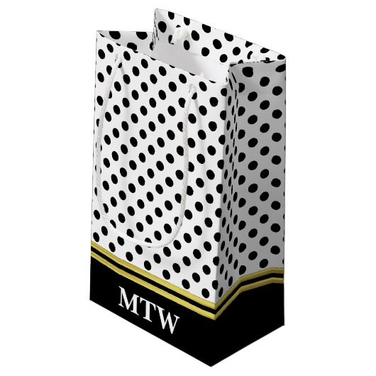 Classic Gold Weiß und Schwarz Punkte mit Monogramm Kleine Geschenktüte (Rückseite Schrägansicht)