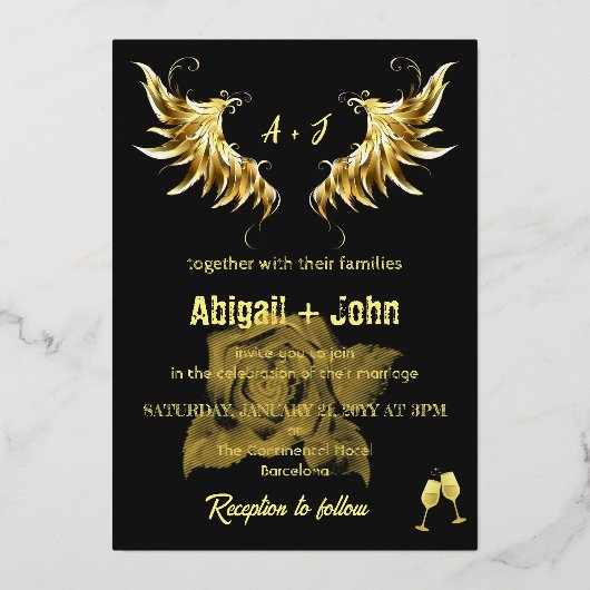 Classic Gold Wing Rose Minimalistisches Hochzeitsf Folieneinladung (Vorderseite)