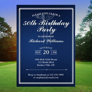 Classic Golf Theme Blue White 50. Geburtstag Einladung