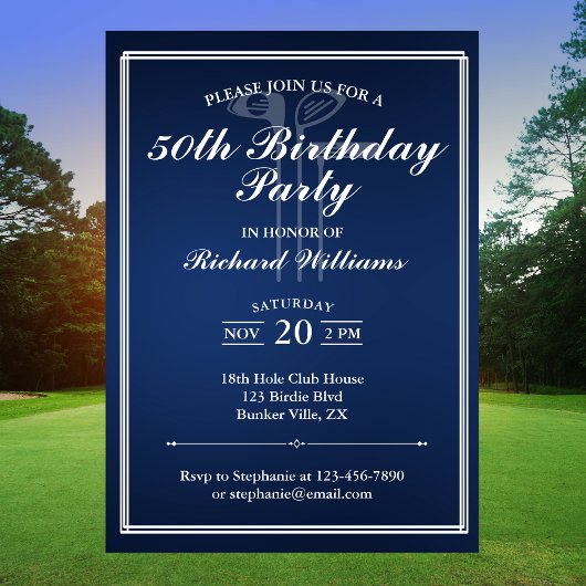 Classic Golf Theme Blue White 50. Geburtstag Einladung