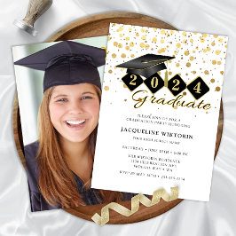 Classic Graduation Cap Black Gold Foto Einladung