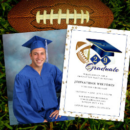 Classic Graduation Cap Blue Gold Football Foto Einladung