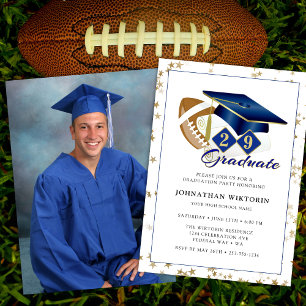 Classic Graduation Cap Blue Gold Football Foto Einladung