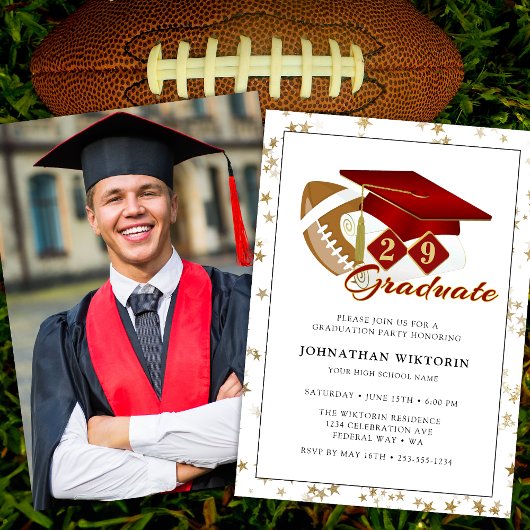 Classic Graduation Cap Red Gold Football Foto Einladung