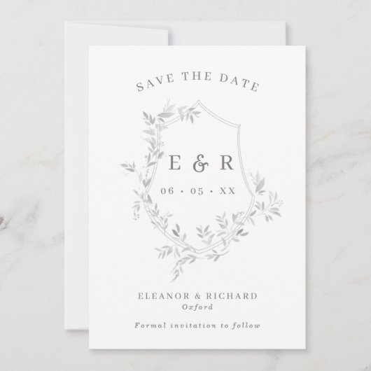 Classic Gray Blätter Wappen Monogram Wedding Foto Save The Date (Vorderseite)