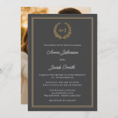 Classic Gray Laurel Wreath Monogram Elegant Photo Einladung (Vorne/Hinten)