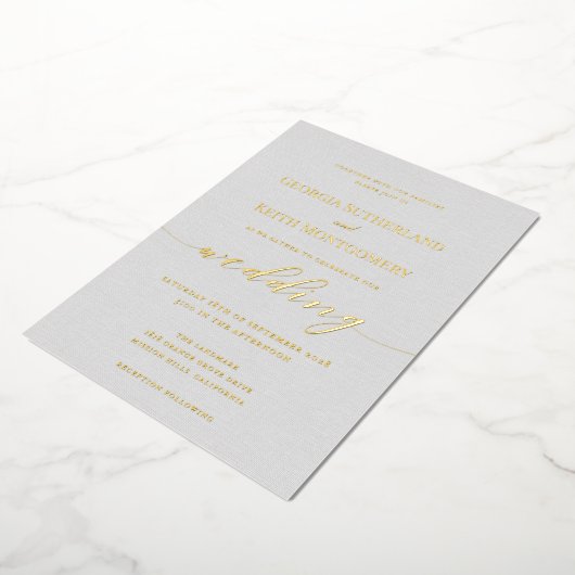Classic Gray Linen Wedding Gold Foil Einladung (Gedreht)