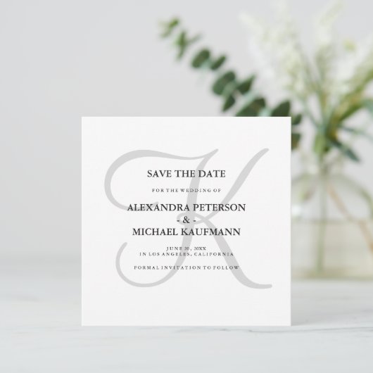 Classic Gray Monogram Save the Date (Stehend Vorderseite)