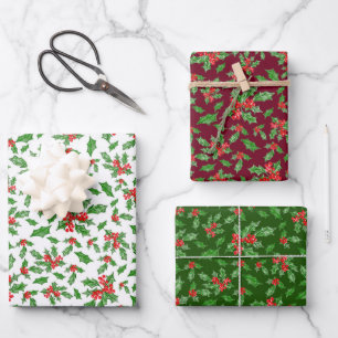 Classic Green and Red Christmas Holly Pattern Geschenkpapier Set