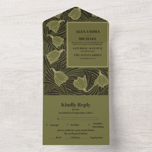 Classic Green Art Nouveau Wedding All In One Einladung (Innen Boden)