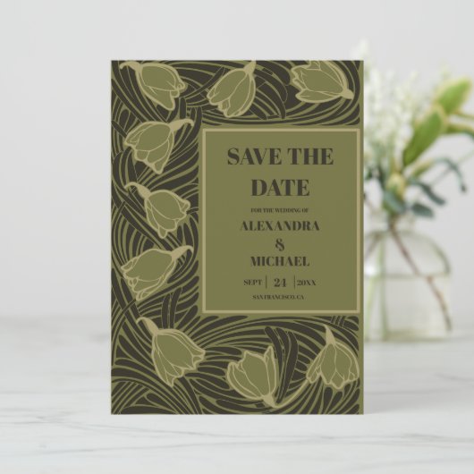 Classic Green Art Nouveau Wedding Save The Date (Stehend Vorderseite)