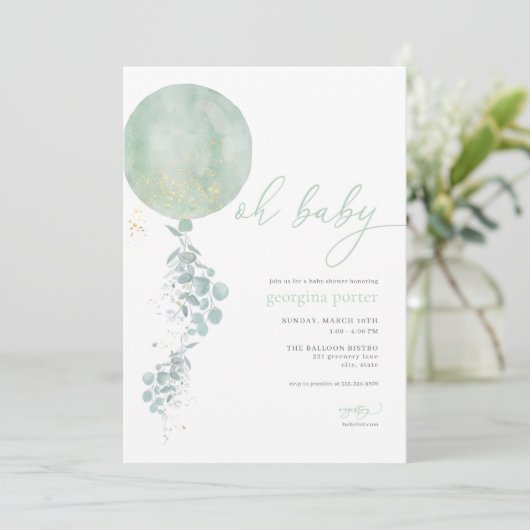 Classic Green Balloon Baby Dusche Einladung (Stehend Vorderseite)