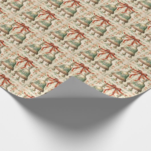 Classic Green Bell, Gold, Red Bow Jingle Bells Geschenkpapier (Ecke)