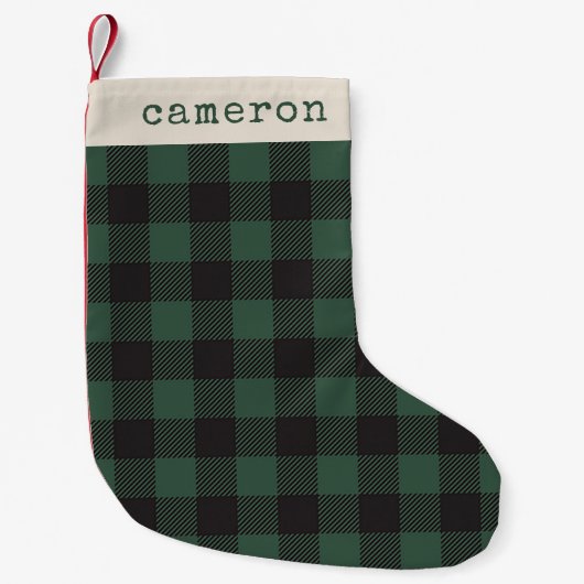 Classic Green Black Buffalo Tartan Karierter Name Kleiner Weihnachtsstrumpf (Vorderseite)