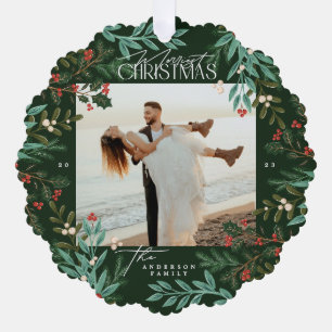 Classic Green Botanical Christmas Foto Ornament Karte