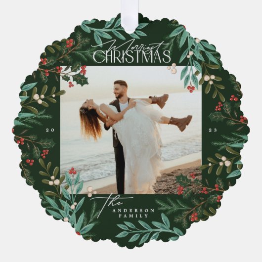 Classic Green Botanical Christmas Foto Ornament Karte (Vorderseite)