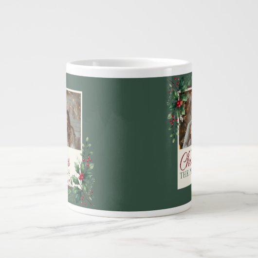 Classic Green Botanical Photo Christmas Mug Jumbo-Tasse (Vorderseite)