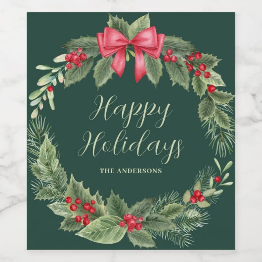 Classic Green Christmas Wreath Name Weinetikett (Einzelnes Label)