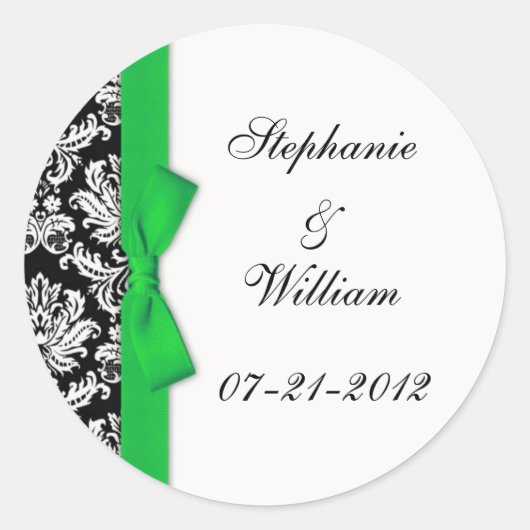 Classic Green Damask Wedding Label Runder Aufkleber (Vorderseite)