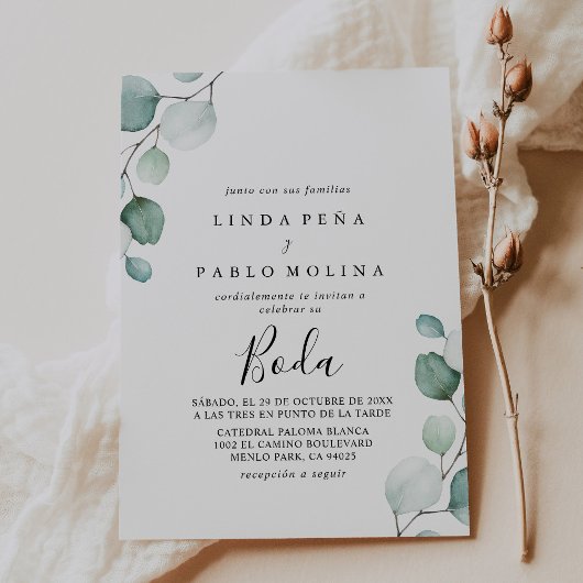 Classic Green Eucalyptus Calligraphy Boda Wedding Einladung