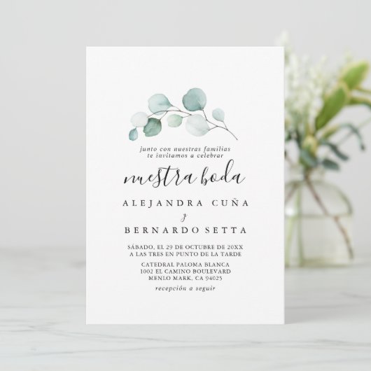 Classic Green Eucalyptus Calligraphy Nuestra Boda Einladung (Stehend Vorderseite)