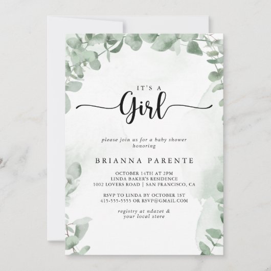 Classic Green Eucalyptus Es ist eine Girl Baby Dus Einladung (Vorderseite)