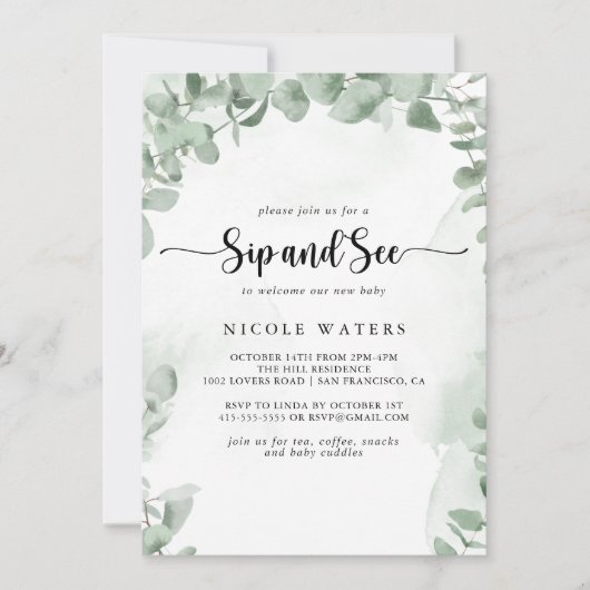 Classic Green Eucalyptus Foliage Sip und Siehe Einladung (Vorderseite)