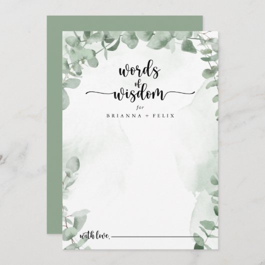 Classic Green Eucalyptus Wedding Words of Weisheit Hinweiskarte (Vorne/Hinten)
