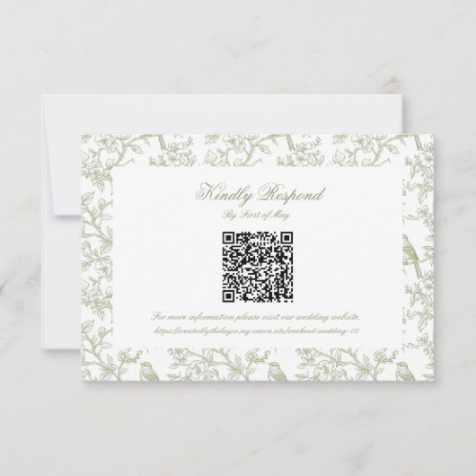 Classic Green Floral and Bird Toile QR code RSVP (Vorderseite)