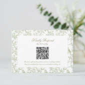 Classic Green Floral and Bird Toile QR code RSVP (Stehend Vorderseite)