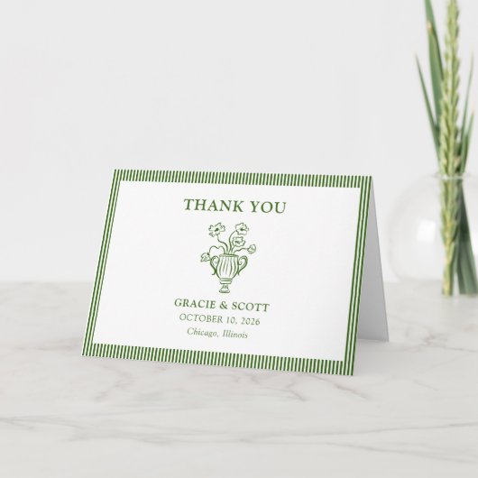 Classic Green Floral Stripe Wedding Vielen Dank Dankeskarte (Vorderseite)