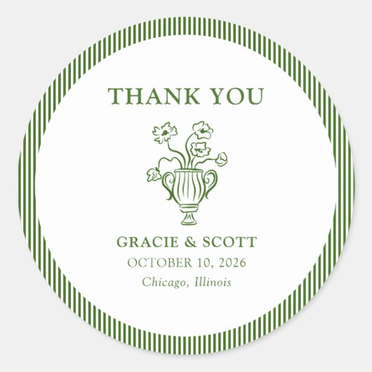 Classic Green Floral Stripe Wedding Vielen Dank Runder Aufkleber (Vorderseite)