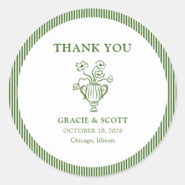 Classic Green Floral Stripe Wedding Vielen Dank Runder Aufkleber