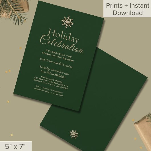 Classic Green Gold Snowflake Feierlichkeiten Einladung