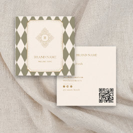 Classic Green & Ivory Argyle Monogram Gold Accent  Quadratische Visitenkarte