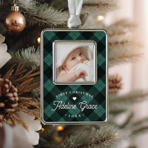 Classic Green Kariert Baby's First Christmas Foto Rahmen-Ornament Silber