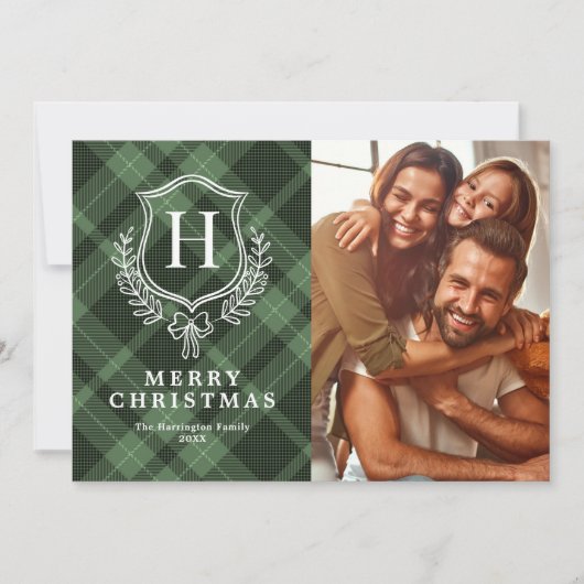 Classic Green Kariert Monogram Foto Weihnachten (Vorderseite)