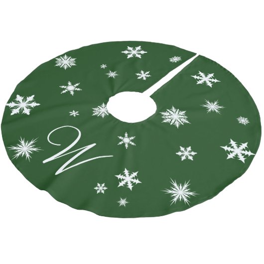 Classic Green Monogram Snowflake Tree Skirt Polyester Weihnachtsbaumdecke (Schrägansicht)