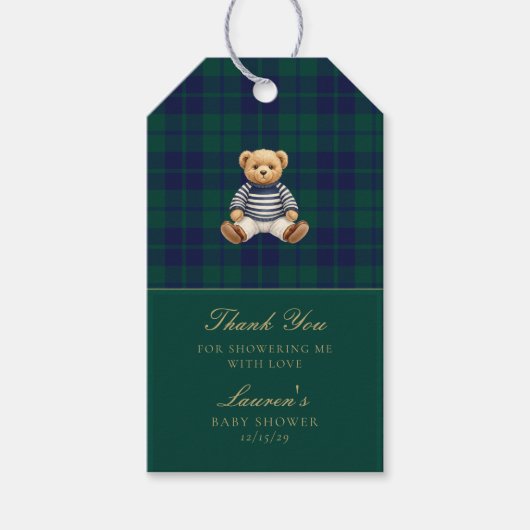 Classic Green Navy Plaid Bear Baby Shower Geschenkanhänger (Vorderseite)