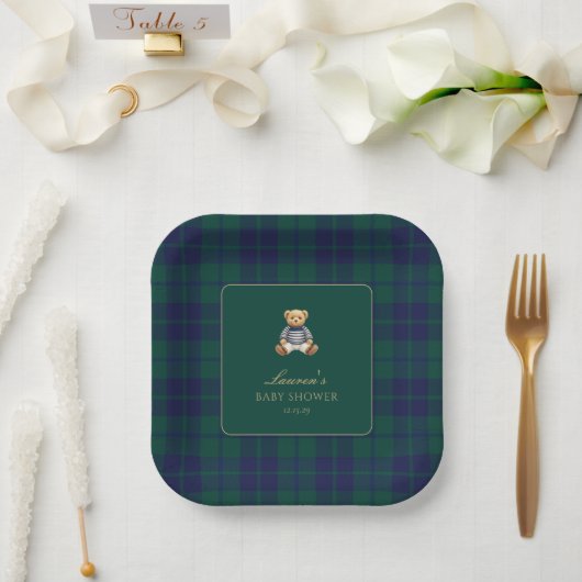 Classic Green Navy Plaid Bear Baby Shower  Pappteller (Hochzeit)