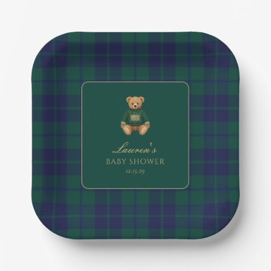 Classic Green Navy Plaid Bear Baby Shower Pappteller (Vorderseite)