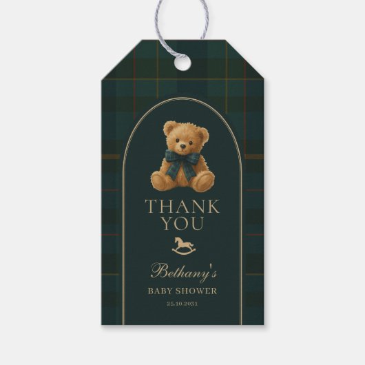 Classic Green Navy Plaid Teddy Bear Baby Shower Geschenkanhänger (Vorderseite)